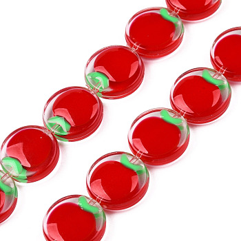 Transparent Acrylic Beads Strands, with Enamel, Flat Round with Apple, Red, 15x5mm, Hole: 1.2mm, about 35pcs/strand, 20.67 inch(52.5cm)