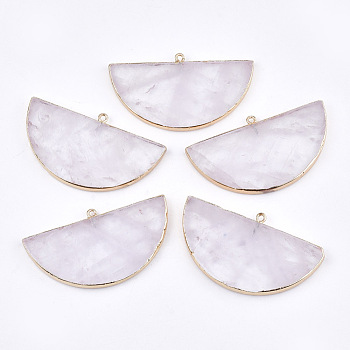Electroplate Natural Rose Quartz Big Pendants, with Iron Findings, Semicircle, Golden, 34~35x60~62x4~5mm, Hole: 2mm