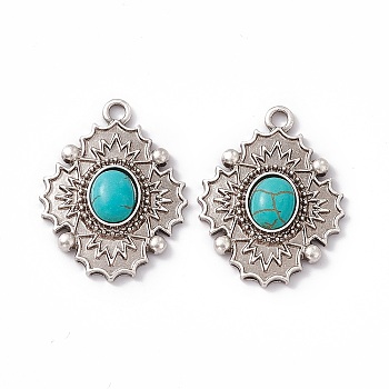 Synthetic Turquoise Pendants, Oval Charms, with Rack Plating Alloy Findings, Antique Silver, 35x27x6mm, Hole: 3mm