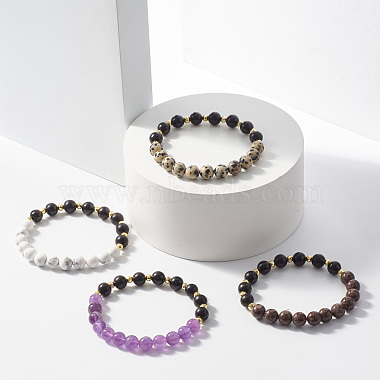 Natural Wood & Stone Round Beaded Stretch Bracelet(BJEW-JB07817)-2