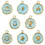 8Pcs 8 Styles Marine Animal 304 Stainless Steel Pendants, with Enamel, Flat Round Charms, Ion Plating(IP), Light Sky Blue, 16.5x12.5~13x2~2.5mm, Hole: 1.6~2.5mm, 1pc/style(STAS-FS0002-13)