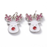 Brass Micro Pave Cerise Cubic Zirconia Pendants, with White Enamel & Jump Rings, Long-Lasting Plated, For Christmas, Reindeer/Stag, Platinum, 15x13x1.5mm, Hole: 3mm, Jump Ring: 5x1mm(ZIRC-Z008-15P)