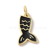 Rack Plating Brass Enamel Pendants, with Jump Ring, Long-Lasting Plated, Cadmium Free & Lead Free, Fish Tail Charm, Real 18K Gold Plated, Black, 19x9x2mm, Hole: 3mm(KK-Z056-48G-02)