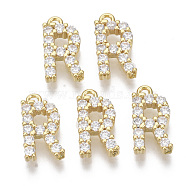 Brass Micro Pave Cubic Zirconia Charms, Nickel Free, Letter, Clear, Real 18K Gold Plated, Letter.R, 13.5x7.5x2.5mm, Hole: 1.2mm(KK-T060-05-R-G-NF)