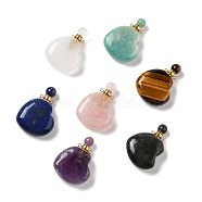 Natural Mixed Stone Perfume Bottle Pendants, for Essential Oil, Perfume, with Golden Tone Brass Findings and Pipettes, Heart, 42x29~32x12~12.5mm, Hole: 1.5~1.8mm(G-P470-01G)