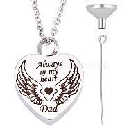 Dad Always in My Heart Wing Urn Pendant Necklace, Heart Ashes Urn Memorial Necklace, with Stainless Steel Mini Funnel, Word, 21.85 inch(55.5cm)(STAS-CN0001-10B)