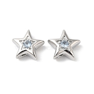 Brass with Cubic Zirconia Beads Beads, Real Platinum Plated, Star, Azure, 7.5x8x3mm, Hole: 1mm(KK-K333-29P-04)