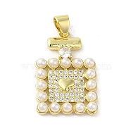 Rack Plating Brass Micro Pave Cubic Zirconia Pendants, Perfume Bottle with Plastic Imitation Pearl, Long-Lasting Plated, Cadmium Free & Lead Free, Real 18K Gold Plated, 24x15.5x3.5mm, Hole: 4.5x3mm(KK-C052-21G)