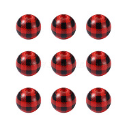 Natural Wooden Beads, Plaid Beads, Tartan Pattern, Round, Red, 5/8 inch(16mm), Hole: 4mm(WOOD-TAC0010-05B)