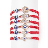 6Pcs 6 Style Resin Evil Eye Braided Bead Bracelets Set, Crystal Rhinestone Tree & Hamsa Hand & Cross Link Bracelets for Women, Red, 1-3/4~3-1/8 inch(4.6~7.9cm), 1Pc/style(BJEW-JB08808)