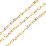 Ion Plating(IP) 304 Stainless Steel Dapped Chains, Enamel Style, Real 18K Gold Plated, Soldered, with Spool, Polished, Pink, 4x2x0.3mm, about 32.81 Feet(10m)/Roll(STAS-P368-02G-05)