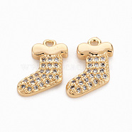Brass Micro Pave Clear Cubic Zirconia Charms, Nickel Free, Sock, Real 18K Gold Plated, 13x11x2mm, Hole: 1.2mm(KK-N231-252-NF)