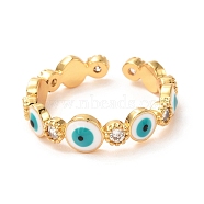 Evil Eye Golden Enamel Cuff Rings for Women, Brass Micro Pave Clear Cubic Zirconia Open Rings, Cyan, US Size 5 1/2(16.1mm), 3~5mm(KK-G404-06A-G)