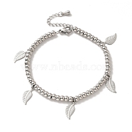 304 Stainless Steel Leaf Charm Bracelet with 201 Stainless Steel Round Beads for Women, Stainless Steel Color, 8-5/8 inch(22cm)(BJEW-B057-18P)
