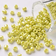 Glass Seed Beads, Opaque Colors Lustered, Round, Yellow, 4mm, Hole: 1.5mm, about 4500pcs/pound(SEED-A012-4mm-122)
