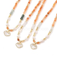 Natural Golden Silk Jade & Natural Quartz & Pearl Beaded Necklaces, Brass Micro Pave Clear Cubic Zirconia Pendants Necklaces, Shell Shape, Real 14K Gold Plated, 14.96 inch(38cm)(NJEW-L119-06G)