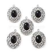 304 Stainless Steel Pendants, Natural Black Onyx(Dyed & Heated) Oval Charms, Stainless Steel Color, 21x15x5.5~6.5mm, Hole: 1.5mm(STAS-L012-359C-P)