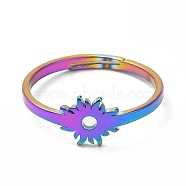 Ion Plating(IP) 304 Stainless Steel Flower Adjustable Ring for Women, Rainbow Color, Inner Diameter: 15.5mm(RJEW-M149-03RC)