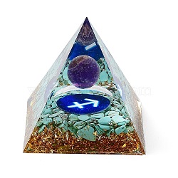 Orgonite Pyramid Resin Energy Generators, Reiki Natural Amethyst Beads Inside for Home Office Desk Decoration, Sagittarius, 59.5x59.5x59.5mm(DJEW-D013-05B)