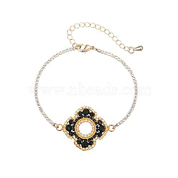 Glass Seed Beaded Flower Link Bracelet with Golden Stainless Steel Chains, Black, 6-3/4 inch(17cm)(EZ8902-2)