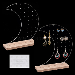 Acrylic Earring Display Stands, with Wooden Chassis & Glue Stickers, Moon-shaped, Clear, Finished Product: 18.2x4.9x20.5cm(EDIS-WH0006-40)