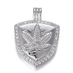 Brass Micro Clear Cubic Zirconia Pendants, Long-Lasting Plated, Shield with Hemp Leaf Shape, Real Platinum Plated, 20.5x15x3mm, Hole: 2x3mm(ZIRC-F120-020P)