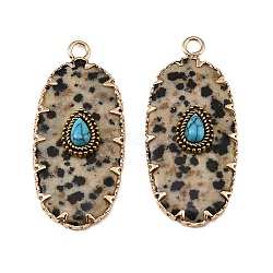 Natural Dalmatian Jasper & Synthetic Turquoise Carved Pendants, Oval Charms, with Brass Findings, Golden, 35.5x16x6mm, Hole: 2mm(GG-CBA5963-02C)