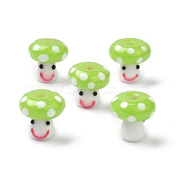 Handmade Lampwork Beads, Smiling Face Mushroom Beads, Lime, 13x13mm, Hole: 3mm(GLAA-K041-01E)