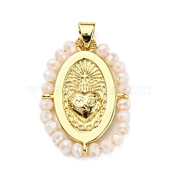 Brass with Glass Pendants, Cadmium Free & Lead Free, Real 18K Gold Plated, Oval with Heart Pattern, Antique White, 25~26x19~19.5x3~3.5mm, Hole: 3x3.5mm(KK-G472-03G-02)
