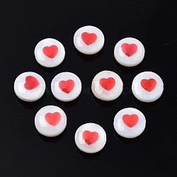 Natural Freshwater Shell Beads, with Enamel, Flat Round with Heart, Red, 8x4.5mm, Hole: 0.6mm(SHEL-N003-22-A11)