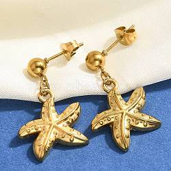 304 Stainless Steel Dangle Stud Earrings, Real 18K Gold Plated, Starfish, 28.5x17mm(EJEW-P298-01C-G)