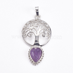 Brass Pendants, Natural Amethyst, Faceted, Hollow Flat Round with Tree of Life and Teardrop, Platinum, 49x27x6mm(G-G743-A07)