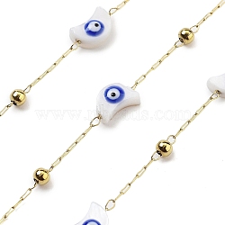 304 Stainless Steel Cable Chains, with Shell & Enamel, Textured Oval Link Chains, Soldered, with Spool, Moon with Evil Eye, Real 18K Gold Plated, 8x5.5x3.5mm, about 32.81 Feet(10m)/Roll(CHS-K018-19G-04)