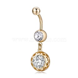 Brass Cubic Zirconia Navel Ring, Belly Rings, with 304 Stainless Steel Bar, Cadmium Free & Lead Free, Real 18K Gold Plated, Flat Round, Clear, 39mm, Bar: 15 Gauge(1.5mm), Bar Length: 3/8"(10mm)(AJEW-EE0004-40B-G)