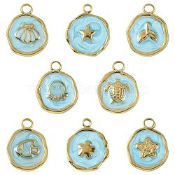 8Pcs 8 Styles Marine Animal 304 Stainless Steel Pendants, with Enamel, Flat Round Charms, Ion Plating(IP), Light Sky Blue, 16.5x12.5~13x2~2.5mm, Hole: 1.6~2.5mm, 1pc/style(STAS-FS0002-13)
