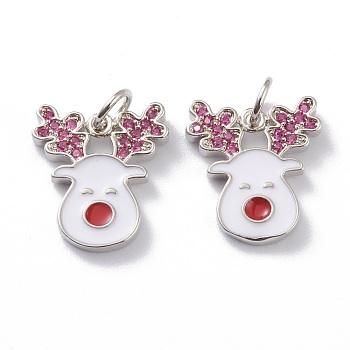 Brass Micro Pave Cerise Cubic Zirconia Pendants, with White Enamel & Jump Rings, Long-Lasting Plated, For Christmas, Reindeer/Stag, Platinum, 15x13x1.5mm, Hole: 3mm, Jump Ring: 5x1mm