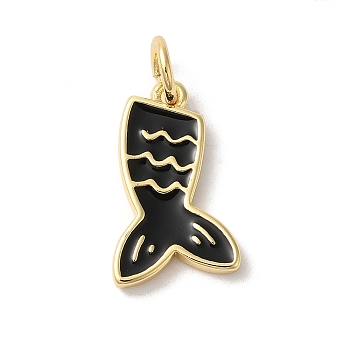 Rack Plating Brass Enamel Pendants, with Jump Ring, Long-Lasting Plated, Cadmium Free & Lead Free, Fish Tail Charm, Real 18K Gold Plated, Black, 19x9x2mm, Hole: 3mm