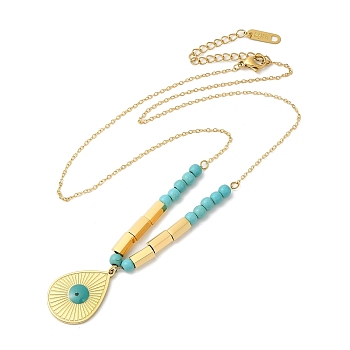Enamel Teardrop with Synthetic Turquoise Beaded Pendant Necklace, Ion Plating(IP) 304 Stainless Steel Jewelry, Golden, 18.54 inch(47.1cm)