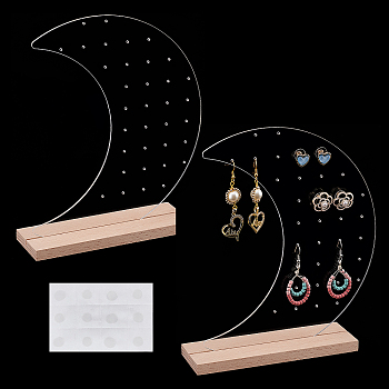 Acrylic Earring Display Stands, with Wooden Chassis & Glue Stickers, Moon-shaped, Clear, Finished Product: 18.2x4.9x20.5cm