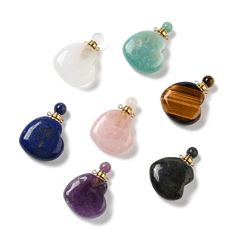 Natural Mixed Stone Perfume Bottle Pendants, for Essential Oil, Perfume, with Golden Tone Brass Findings and Pipettes, Heart, 42x29~32x12~12.5mm, Hole: 1.5~1.8mm