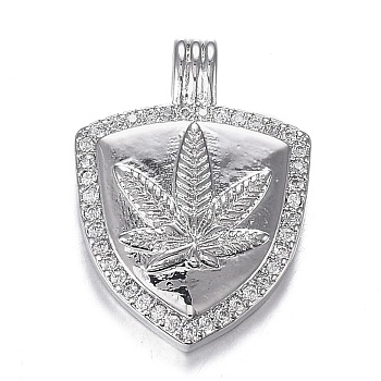 Brass Micro Clear Cubic Zirconia Pendants, Long-Lasting Plated, Shield with Hemp Leaf Shape, Real Platinum Plated, 20.5x15x3mm, Hole: 2x3mm