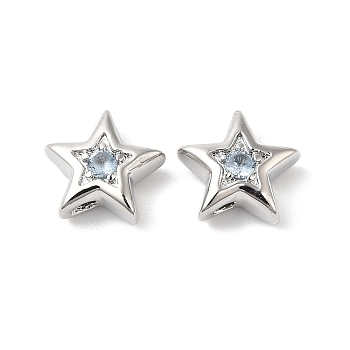 Brass with Cubic Zirconia Beads Beads, Real Platinum Plated, Star, Azure, 7.5x8x3mm, Hole: 1mm