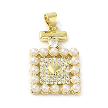 Rack Plating Brass Micro Pave Cubic Zirconia Pendants, Perfume Bottle with Plastic Imitation Pearl, Long-Lasting Plated, Cadmium Free & Lead Free, Real 18K Gold Plated, 24x15.5x3.5mm, Hole: 4.5x3mm