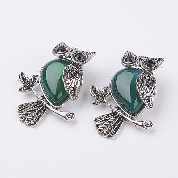 Natural Agate Pendants, with Alloy Finding, Owl, Antique Silver, 46.5x35.5x11.5mm, Hole: 6x8.5mm
