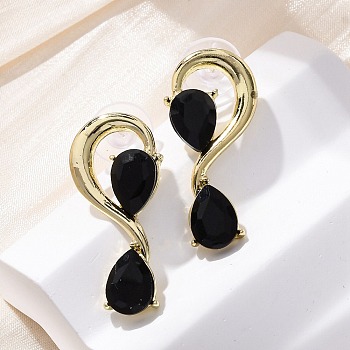 Alloy Rhinestones Stud Earrings, Swan, Golden, Black Diamond AB, 32x14.5mm