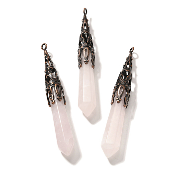 Natural Rose Quartz Pointed Big Pendants, Faceted Bullet Charms with Brass Findings, Red Copper, Cadmium Free & Lead Free, 77~84x12mm, Hole: 2.5mm