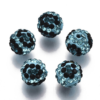 Polymer Clay Rhinestone Beads, Pave Disco Ball Beads, Round, Blue Zircon, PP13(1.9~2mm), 6 Rows Rhinestone, 10mm, Hole: 1.5mm