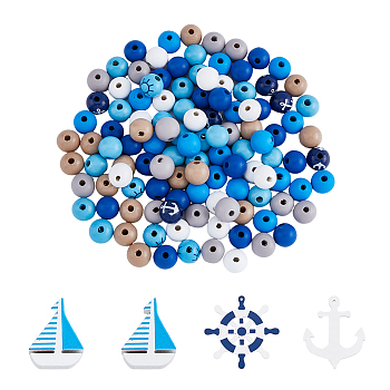 DIY Ocean Theme Jewelry Making Finding Kit, Including Helm & Anchor & Sailboat Wood Big Pendants & Beads, Mixed Color, 168Pcs/bag