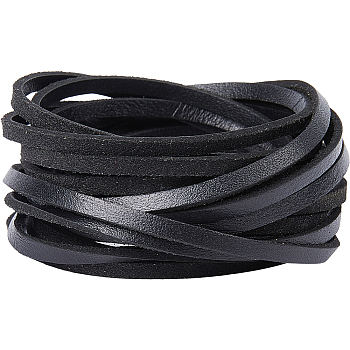 Flat Cowhide Leather Jewelry Cord, Jewelry DIY Making Material, Black, 4x2mm