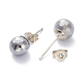 Terahertz Stone Stud Earrings, with Brass Pin, Round, Faceted, 7.5x7.5mm, Pin: 0.6mm
